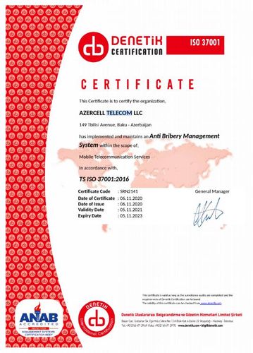 Azercell ölkəmizdə ISO 37001:2016 “Antikorrupsiya idarəetmə sistemi” standartlarına uyğunluq sertifikatını alan ilk mobil operator oldu