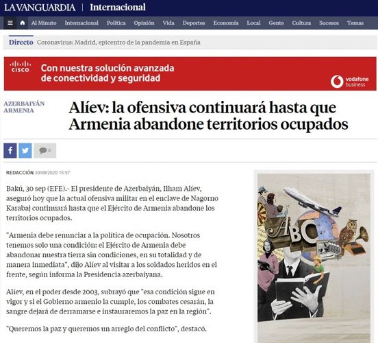 İspaniya qəzeti Azərbaycan Prezidentinin Ermənistanın  təxribatları ilə bağlı fikirlərini dərc edib