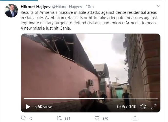 Hikmət Hacıyev Gəncənin atəşə tutulması ilə bağlı paylaşım etdi - VİDEO