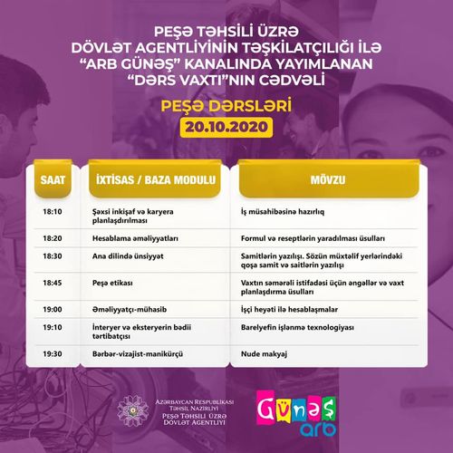 Peşə dərslərinin sabahkı CƏDVƏLİ