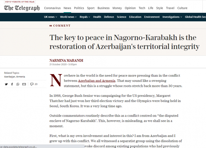 "Qarabağda sülhün təmin olunmasının əsas yolu Azərbaycanın ərazi bütövlüyünün bərpasıdır" - Britaniya qəzeti