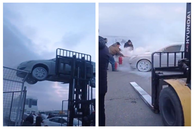 Almaniyadan gələn maşın "Meyvəli gömrüyü"ndə belə yandı - VİDEO 