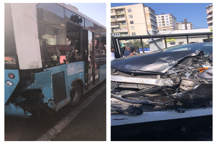 Bakıda "Prius"  avtobusa çırpıldı:   4 sərnişin...