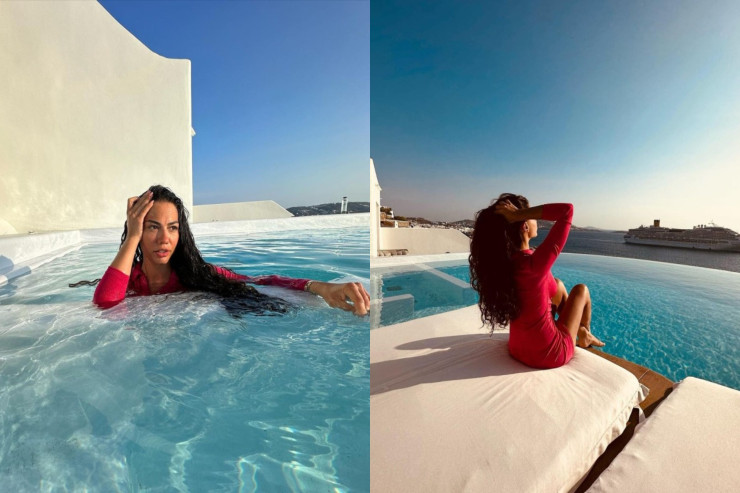 Aktrisa mini paltarı  ilə hovuza girdi