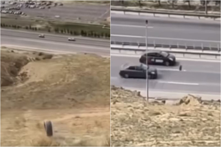 Bakıda magistral yola təkər atdılar - TƏHLÜKƏLİ ANLAR 