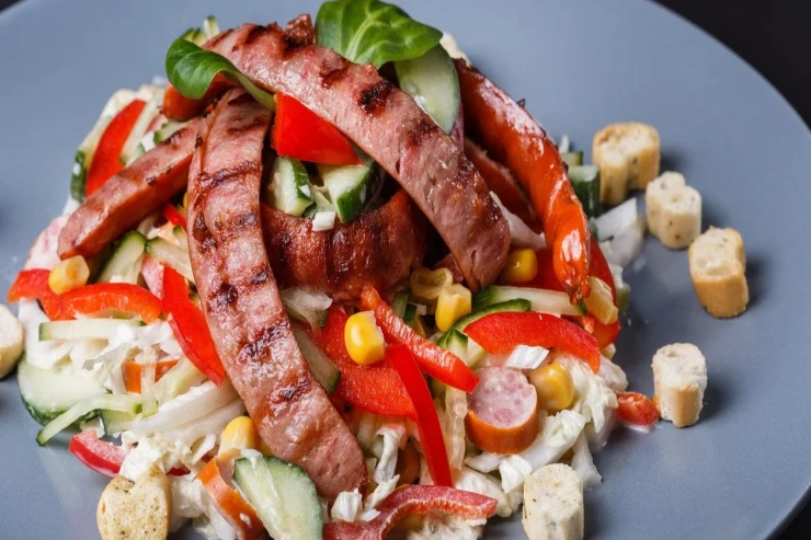 Kolbasa, qarğıdalı, xiyar, yumurta və krutonlu SALAT 