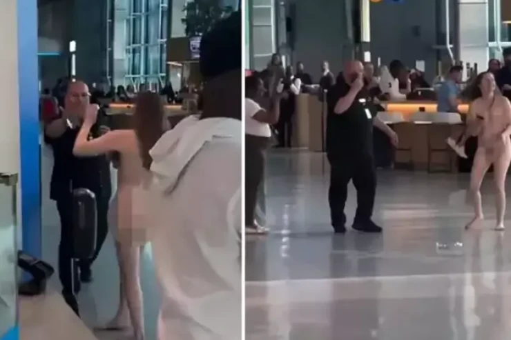 Çılpaq qadın  aeroportda aləmi bir-birinə qatdı - VİDEO 