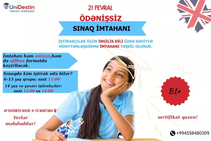 UniDestin Təhsil Mərkəzində ödənişsiz İngilis dili səviyyə imtahanı keçiriləcək